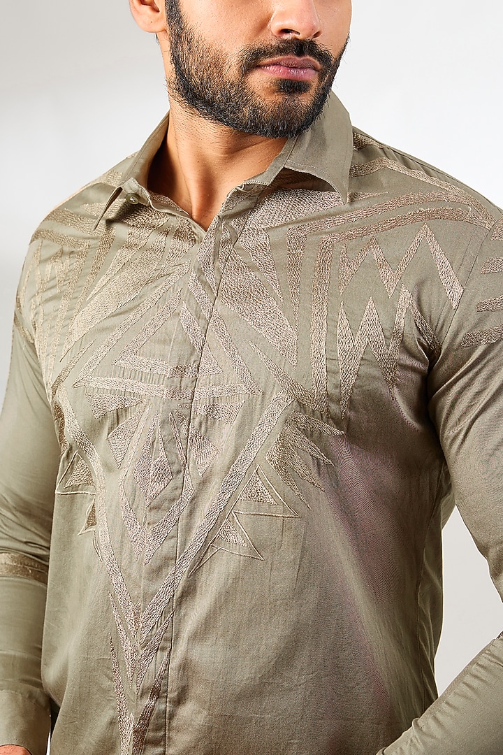Beige Cotton Satin Resham Thread Embroidered Party Wear Shirt by Arun Verma at Pernia's Pop Up Shop