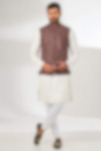 Brown Linen Resham Embroidered Nehru Jacket by Arun Verma