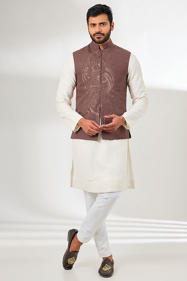 Brown Linen Resham Embroidered Nehru Jacket by Arun Verma