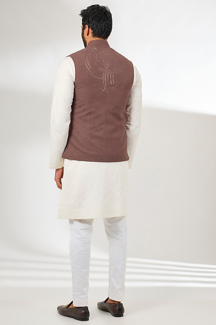 Brown Linen Resham Embroidered Nehru Jacket by Arun Verma at Pernia's Pop Up Shop