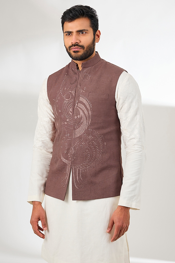Brown Linen Resham Embroidered Nehru Jacket by Arun Verma at Pernia's Pop Up Shop