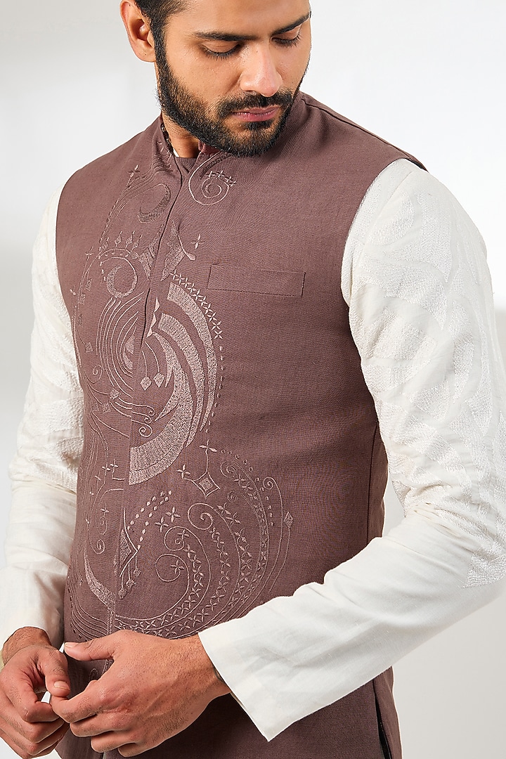 Brown Linen Resham Embroidered Nehru Jacket by Arun Verma at Pernia's Pop Up Shop