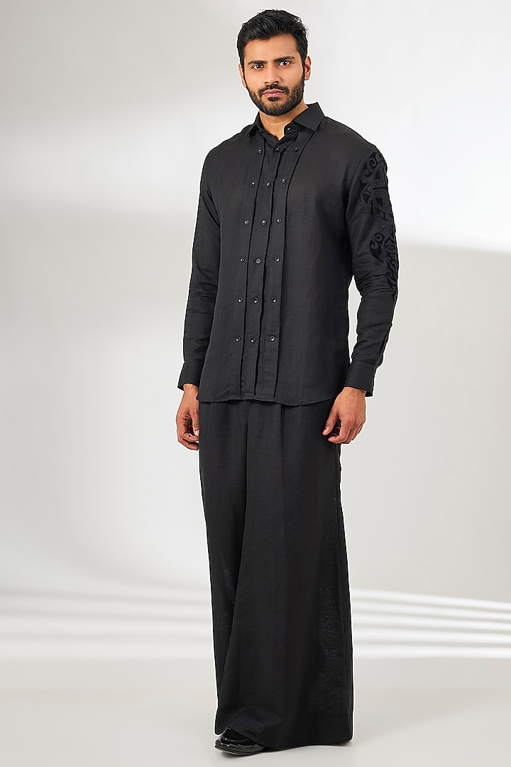 Black Linen Embroidered Shirt by Arun Verma