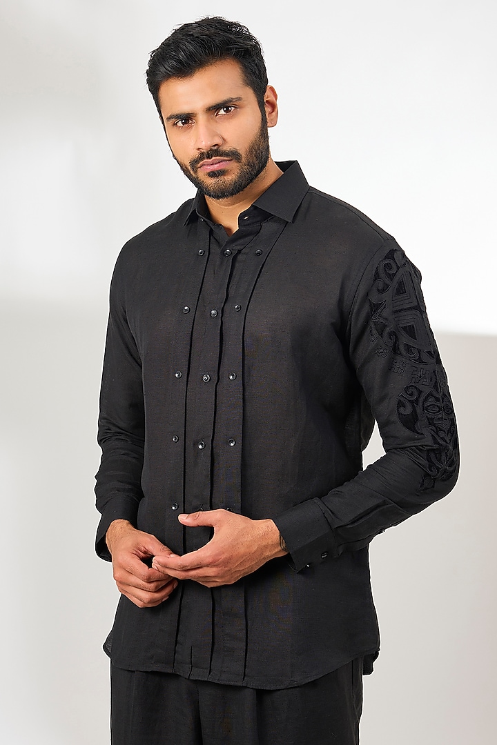 Black Linen Embroidered Party Wear Shirt by Arun Verma at Pernia's Pop Up Shop