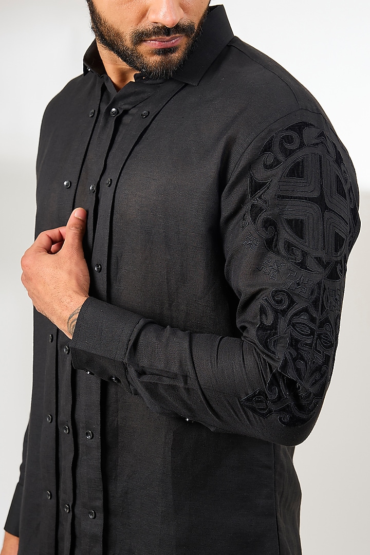 Black Linen Embroidered Party Wear Shirt by Arun Verma at Pernia's Pop Up Shop