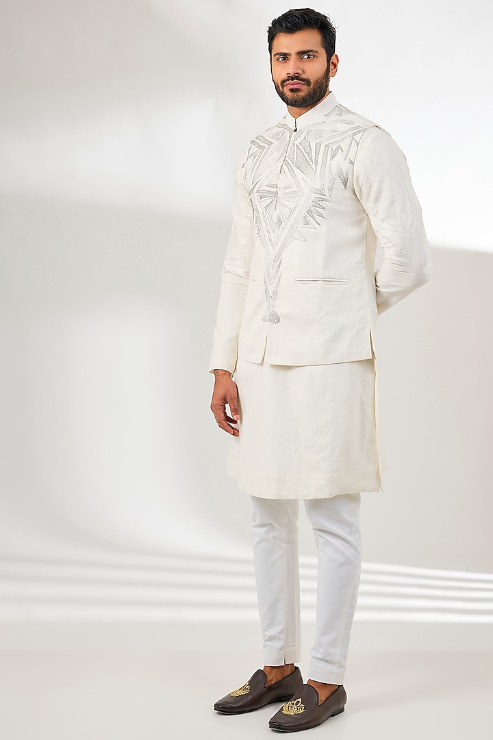 White Linen Embroidered Nehru Jacket by Arun Verma