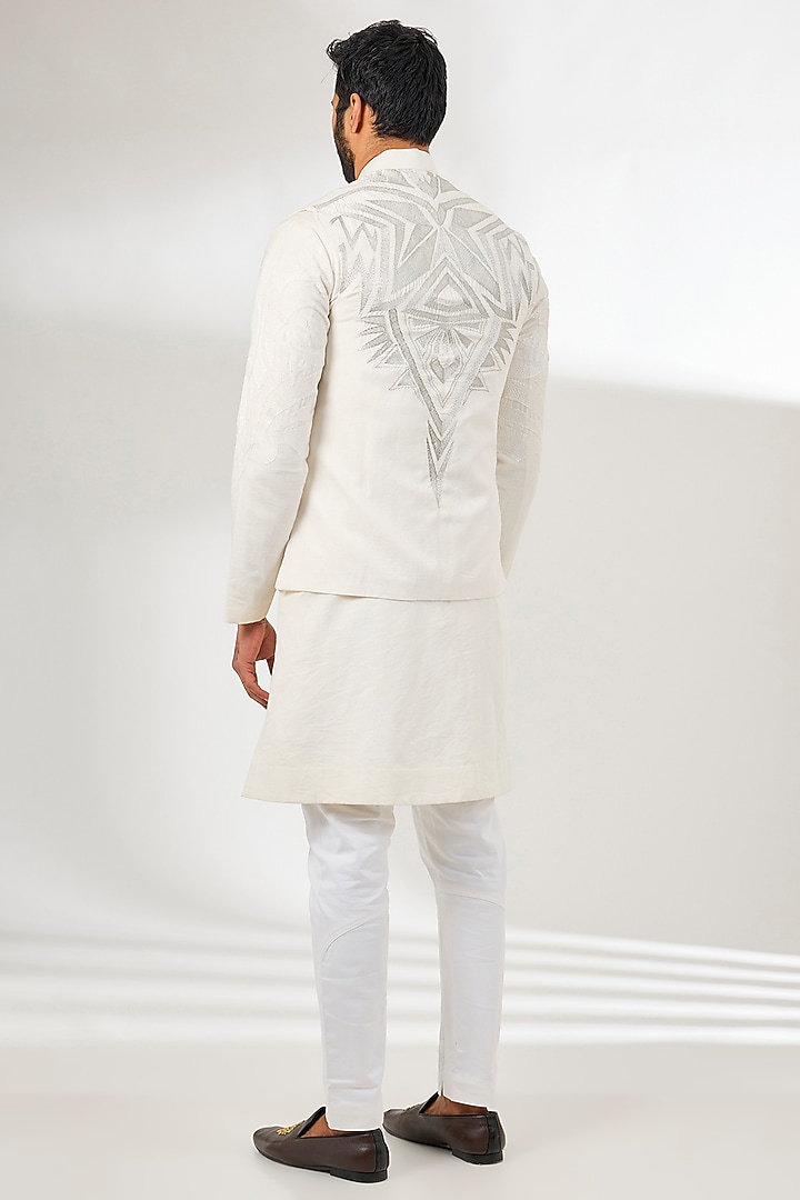 White Linen Embroidered Nehru Jacket by Arun Verma at Pernia's Pop Up Shop