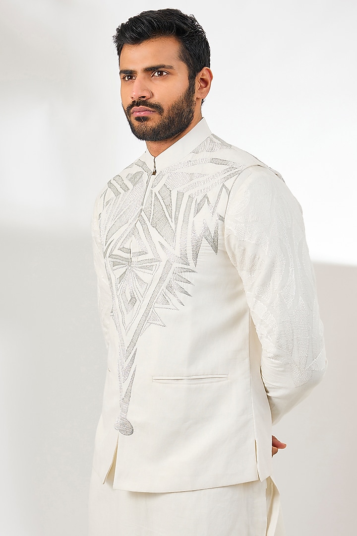 White Linen Embroidered Nehru Jacket by Arun Verma at Pernia's Pop Up Shop