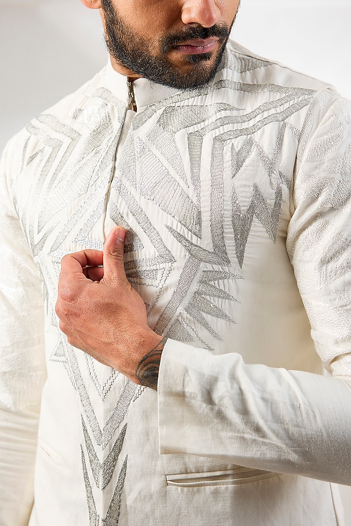 White Linen Embroidered Nehru Jacket by Arun Verma at Pernia's Pop Up Shop