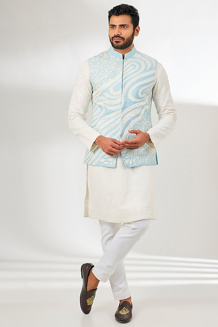 Pale Blue Silk Patchwork Bundi Jacket by Arun Verma