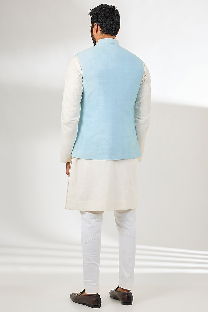 Pale Blue Silk Patchwork Bundi Jacket by Arun Verma at Pernia's Pop Up Shop