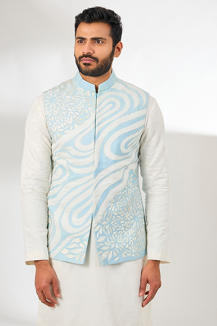 Pale Blue Silk Patchwork Bundi Jacket by Arun Verma at Pernia's Pop Up Shop
