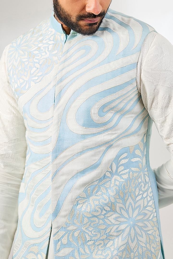 Pale Blue Silk Patchwork Bundi Jacket by Arun Verma at Pernia's Pop Up Shop
