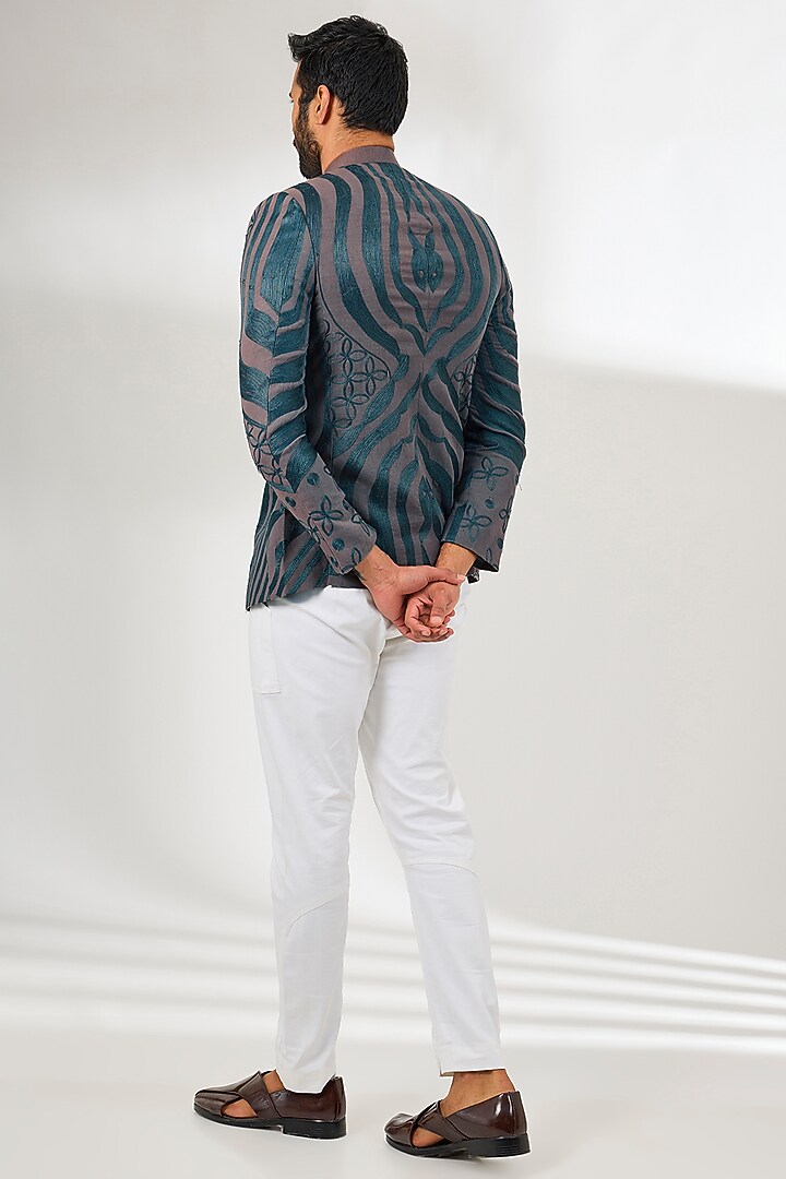 Grey Linen Aari Embroidered Wedding Bandhgala by Arun Verma at Pernia's Pop Up Shop