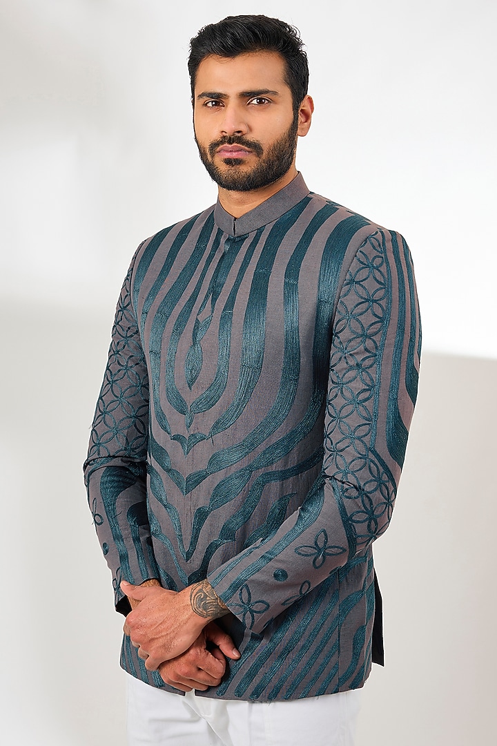 Grey Linen Aari Embroidered Wedding Bandhgala by Arun Verma at Pernia's Pop Up Shop