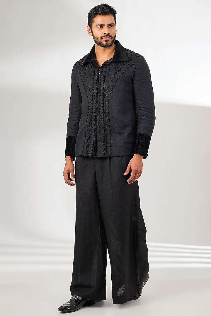 Black Linen Bell Bottom Pleated Wide-Leg Pants by Arun Verma