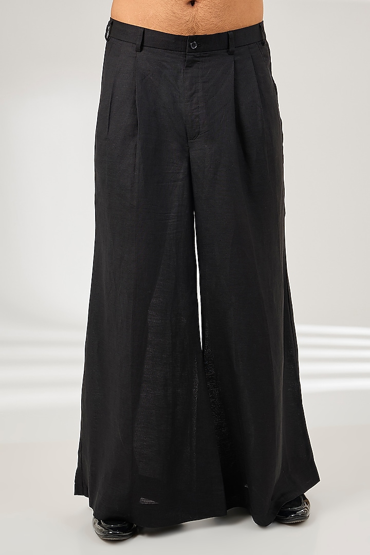 Black Linen Bell Bottom Pleated Wide-Leg Pants by Arun Verma at Pernia's Pop Up Shop