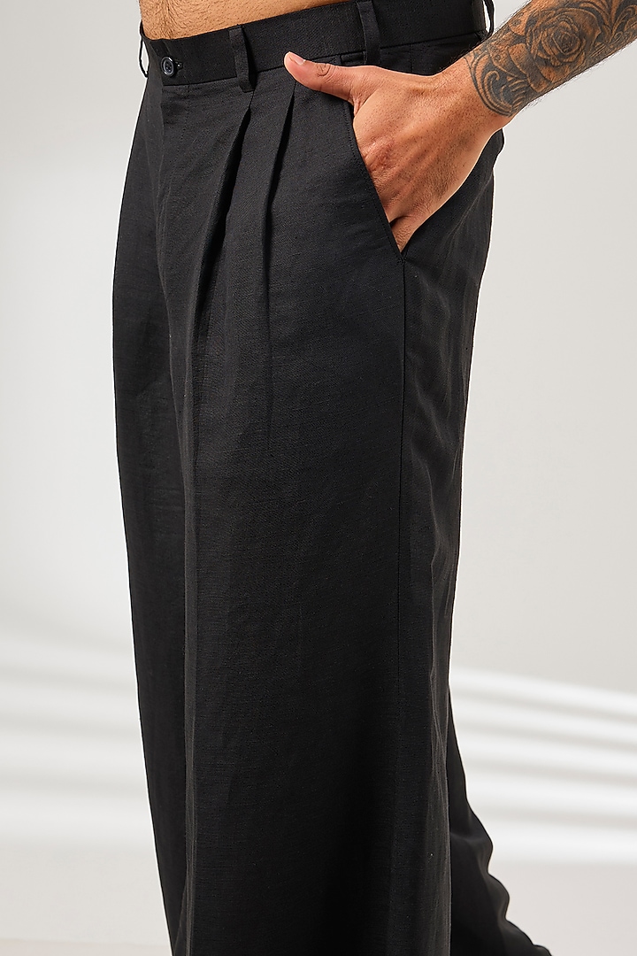 Black Linen Bell Bottom Pleated Wide-Leg Pants by Arun Verma at Pernia's Pop Up Shop