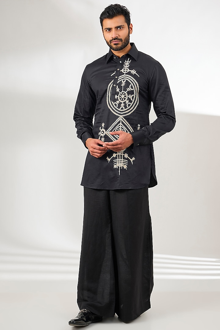 Black Cotton Satin Dori Embroidered Short Kurta by Arun Verma