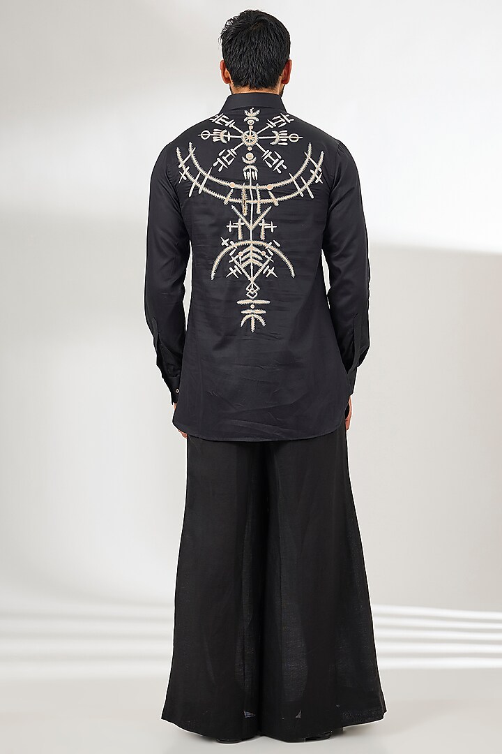 Black Cotton Satin Dori Embroidered Short Kurta by Arun Verma at Pernia's Pop Up Shop