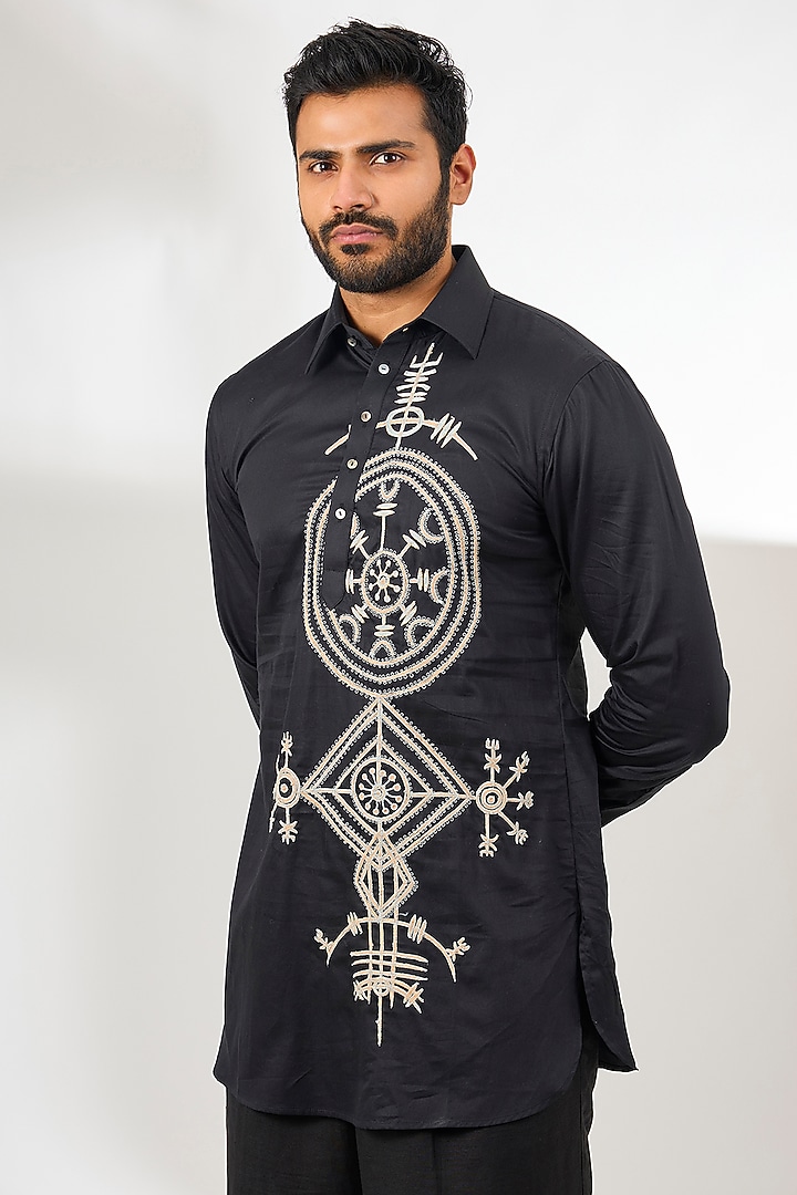 Black Cotton Satin Dori Embroidered Short Kurta by Arun Verma at Pernia's Pop Up Shop
