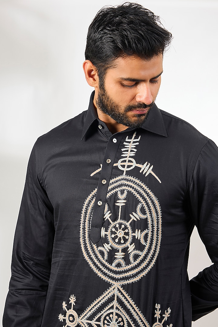 Black Cotton Satin Dori Embroidered Short Kurta by Arun Verma at Pernia's Pop Up Shop