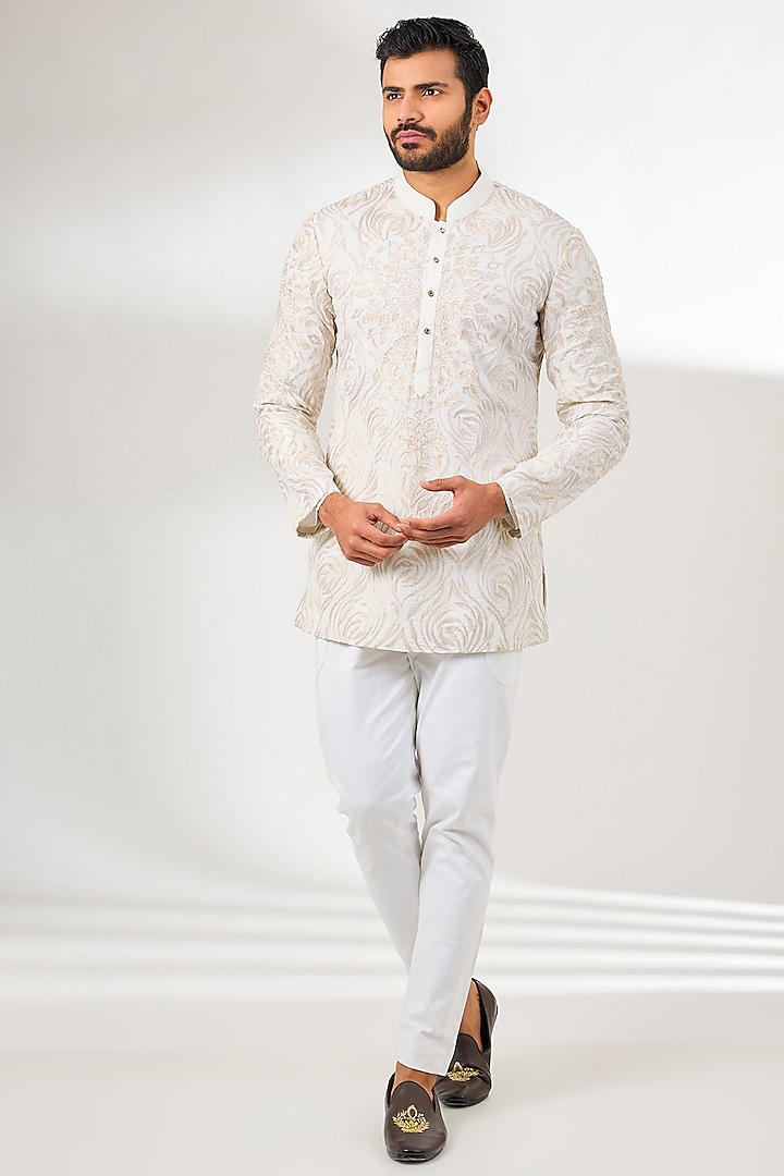 Ivory Chanderi Aari Embroidered Short Kurta by Arun Verma