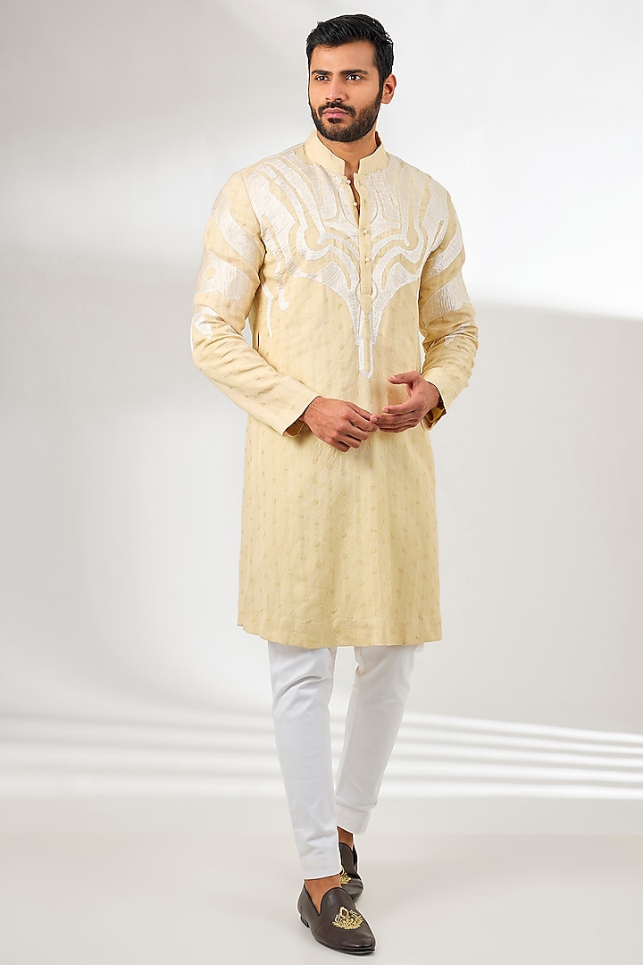 Beige Linen Resham Thread Embroidered Kurta by Arun Verma