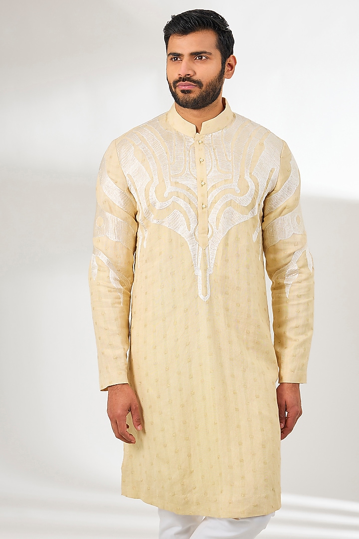 Beige Linen Resham Thread Embroidered Kurta by Arun Verma at Pernia's Pop Up Shop