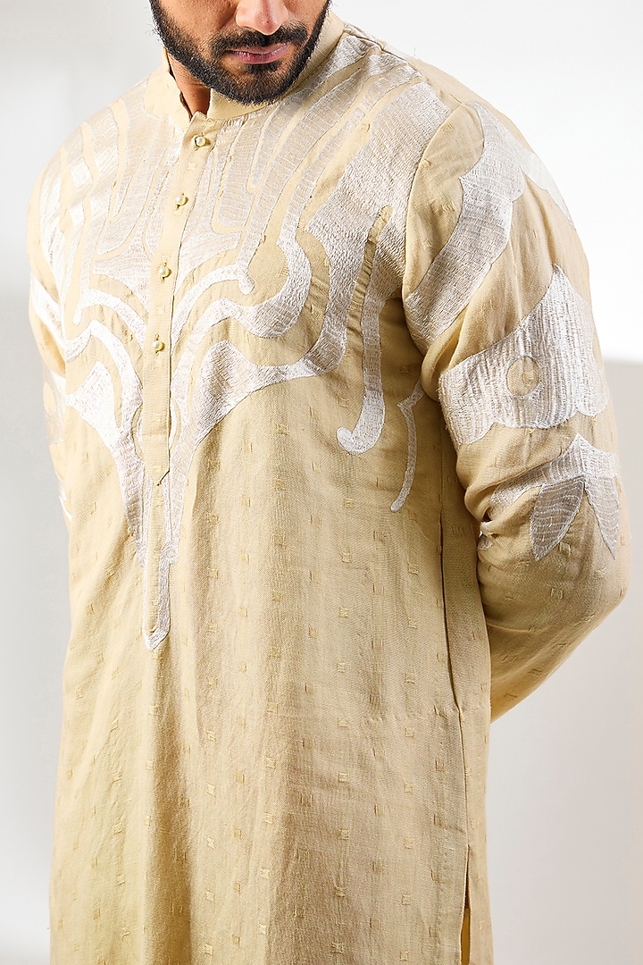 Beige Linen Resham Thread Embroidered Kurta by Arun Verma at Pernia's Pop Up Shop