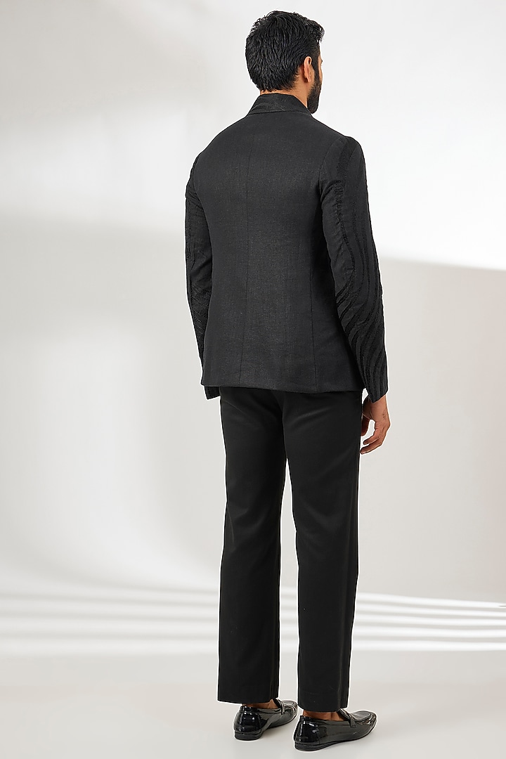 Black Linen Resham Embroidered Jacket by Arun Verma at Pernia's Pop Up Shop