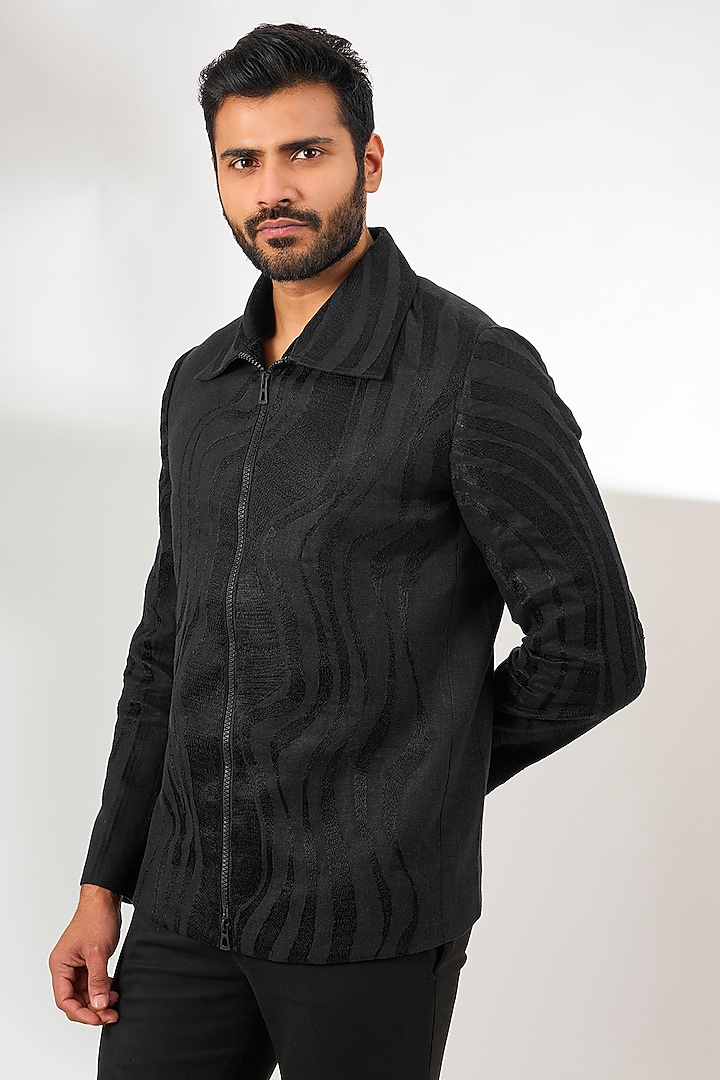 Black Linen Resham Embroidered Jacket by Arun Verma at Pernia's Pop Up Shop