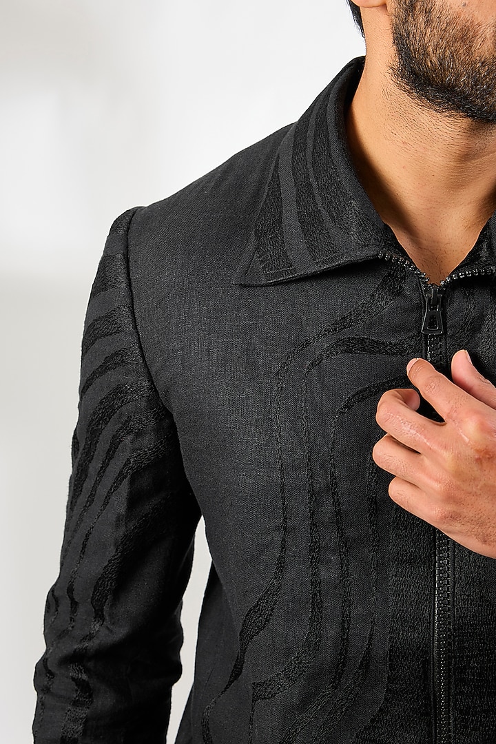 Black Linen Resham Embroidered Jacket by Arun Verma at Pernia's Pop Up Shop