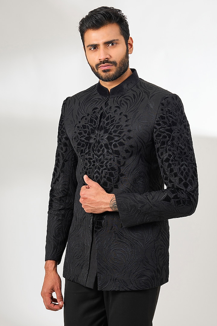 Black Silk Resham Embroidered Wedding Bandhgala by Arun Verma at Pernia's Pop Up Shop