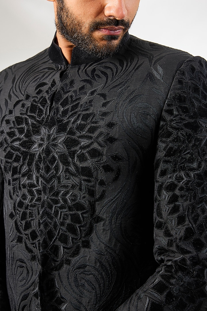 Black Silk Resham Embroidered Wedding Bandhgala by Arun Verma at Pernia's Pop Up Shop