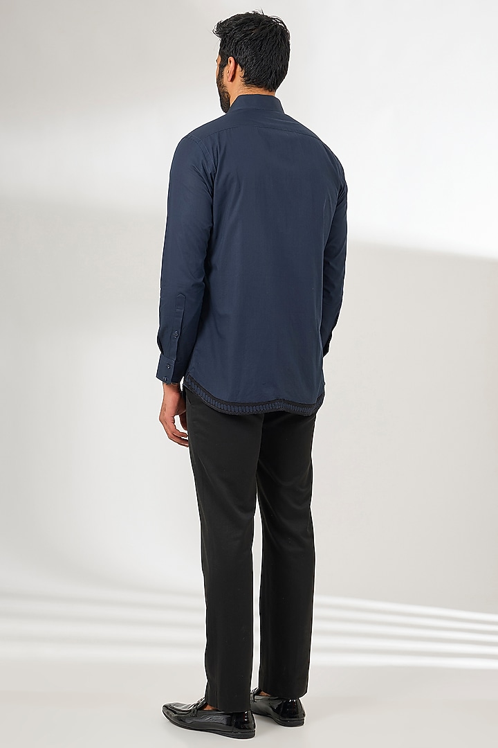 Blue Cotton Satin Patchwork Party Wear Shirt by Arun Verma at Pernia's Pop Up Shop