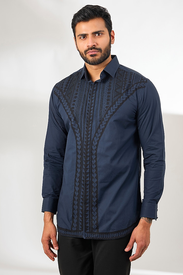 Blue Cotton Satin Patchwork Party Wear Shirt by Arun Verma at Pernia's Pop Up Shop