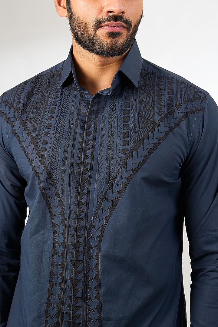 Blue Cotton Satin Patchwork Party Wear Shirt by Arun Verma at Pernia's Pop Up Shop