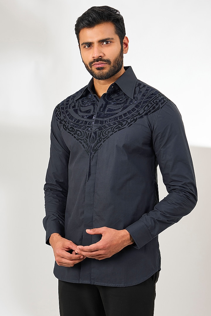 Grey Cotton Satin Applique Embroidered Party Wear Shirt by Arun Verma at Pernia's Pop Up Shop