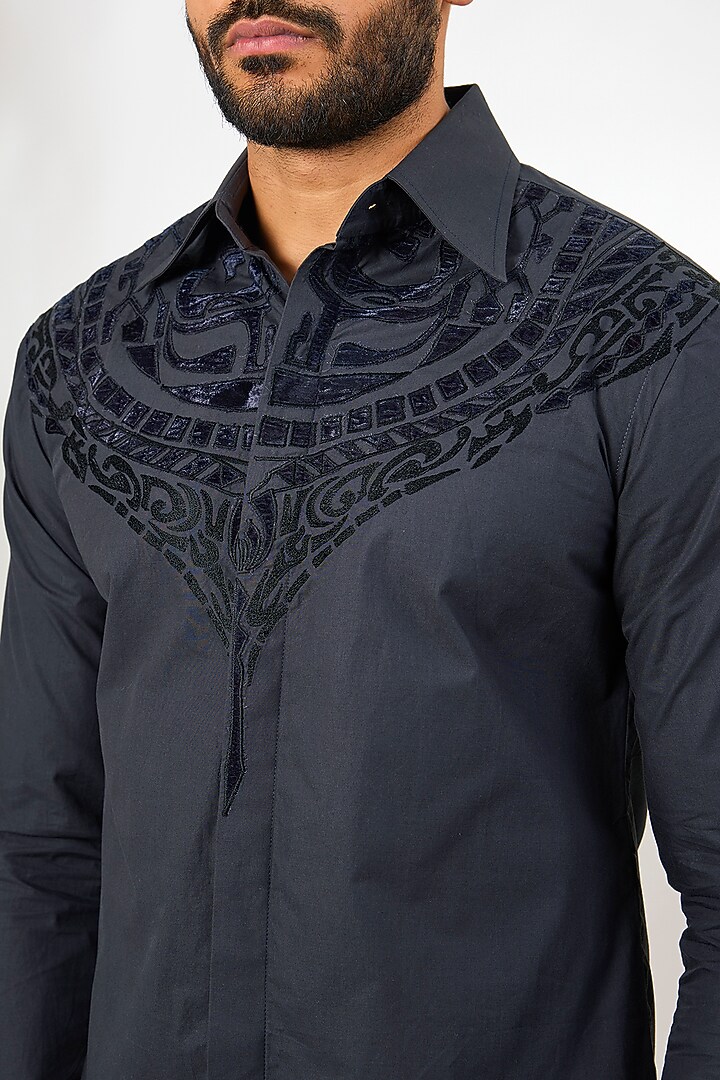 Grey Cotton Satin Applique Embroidered Party Wear Shirt by Arun Verma at Pernia's Pop Up Shop