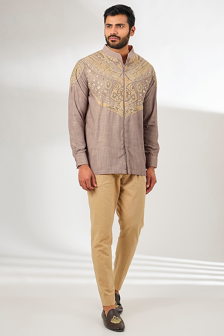 Beige Silk Hand Embellished Shirt Kurta by Arun Verma