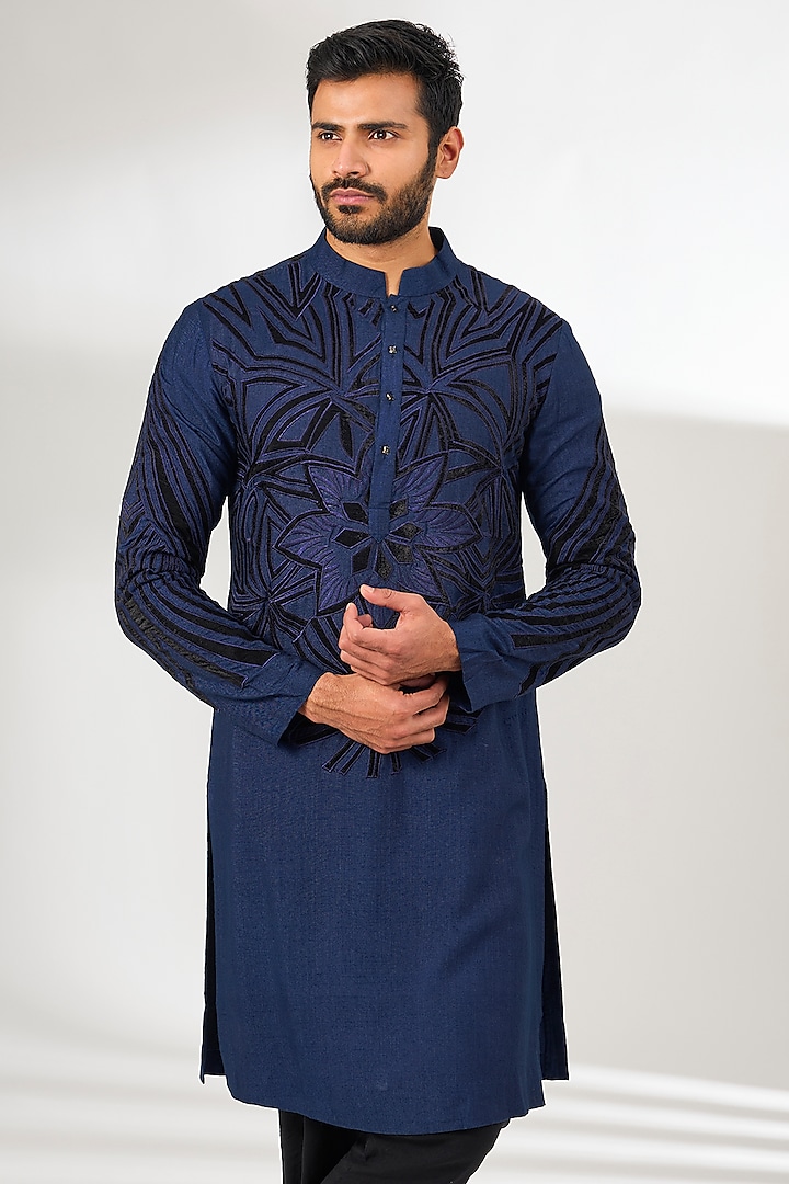 Royal Blue Silk Applique Patch Work Kurta by Arun Verma