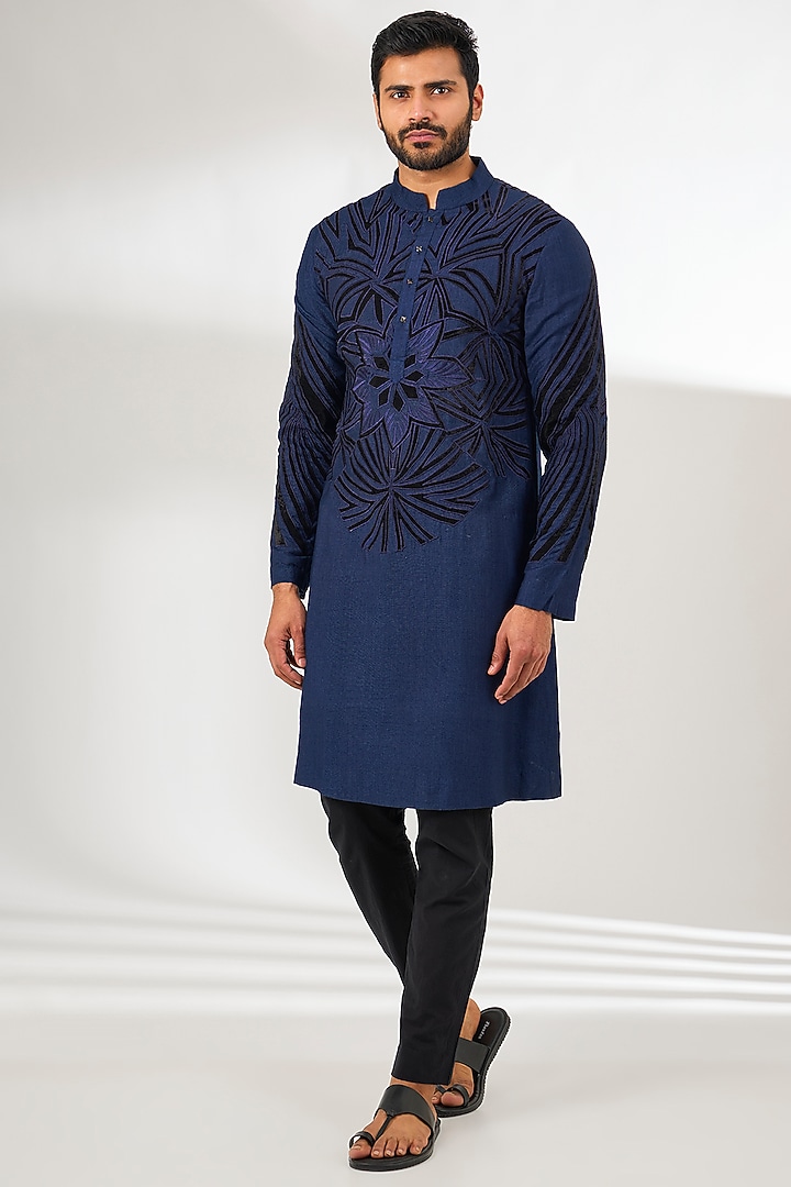 Royal Blue Silk Applique Patch Work Kurta by Arun Verma at Pernia's Pop Up Shop