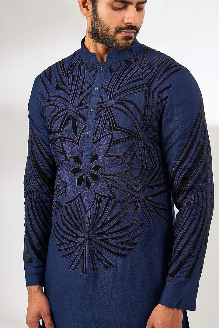 Royal Blue Silk Applique Patch Work Kurta by Arun Verma at Pernia's Pop Up Shop