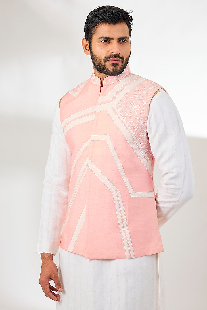 Pink Silk Applique & Resham Embroidered Bundi Jacket by Arun Verma