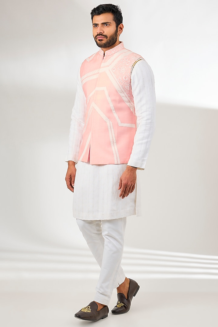 Pink Silk Applique & Resham Embroidered Bundi Jacket by Arun Verma at Pernia's Pop Up Shop