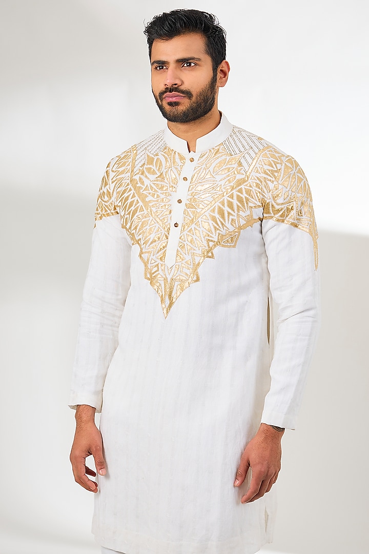 Ivory Chanderi Applique Embroidered Long Kurta by Arun Verma