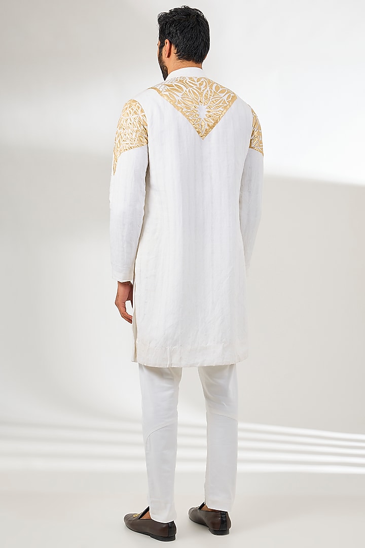 Ivory Chanderi Applique Embroidered Long Kurta by Arun Verma at Pernia's Pop Up Shop