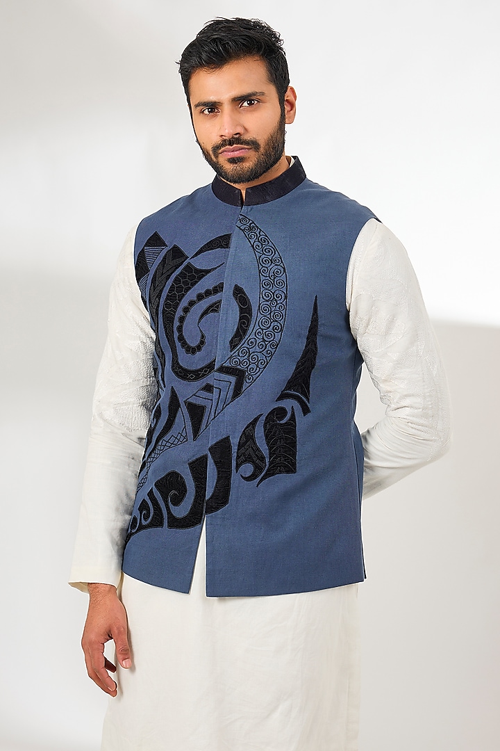 Royal Blue Fine Velvet Thread Embroidered Bundi Jacket by Arun Verma