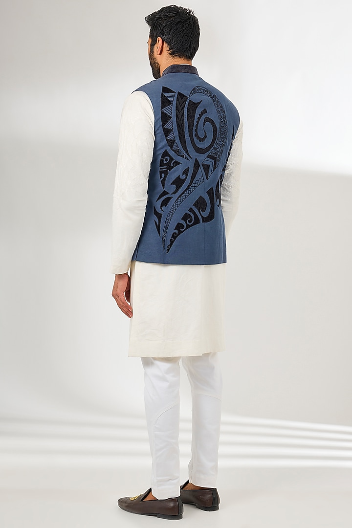Royal Blue Fine Velvet Thread Embroidered Bundi Jacket by Arun Verma at Pernia's Pop Up Shop